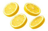 Four slices of fresh lemon with visible juicy pulp and vibrant yellow rind on transparent background.