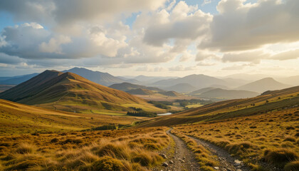 Wall Mural - Scenic landscape featuring rolling hills and mountains under a dramatic sky, with a winding path leading into the distance.