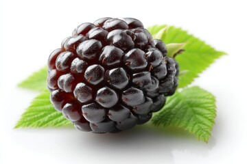 Wall Mural - Fresh black raspberry resting on green leaves against a pure white background highlighting its natural beauty and texture