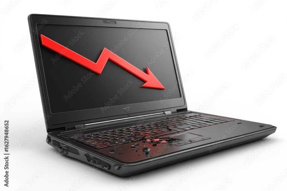 Computer failure representation showing a damaged laptop with a ...