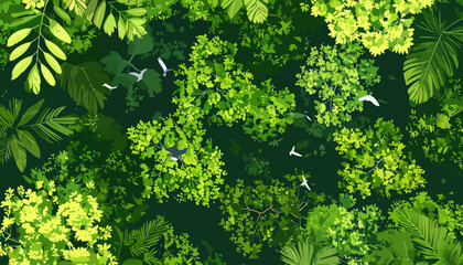 stylized aerial illustration of birds flying over a dense, vibrant green jungle canopy with diverse 
