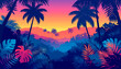 © background - Stylized tropical jungle illustration with silhouetted palm trees and a vibrant sunset sky.