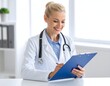 © Phantasy - A close-up photograph of a doctor sitting at a modern desk. The doctor has a warm, genuine smile as they read a positive patient test result on a clipboard, doctor's eyes fixed on clipboard.