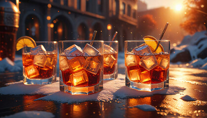 Wall Mural - Yellow liquor, ice cubes, and a splash of cold water are isolated in a glass, reflecting a party atmosphere