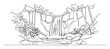 © Wieslaw - Jungle waterfall landscape one continuous line drawing. Tropical forest scenery with river and rocks. Nature travel and adventure concept. Minimalist vector art.