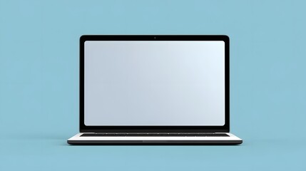 modern laptop with blank screen on a clean blue background