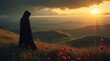 © MDBAKHTIAR - Mysterious cloaked figure standing on a hill overlooking a valley at sunset