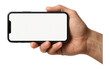 © OMD - Hand holding a smartphone horizontally with a blank white screen on transparent background.