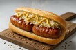 © Running opossum - Delicious grilled bratwurst sausages with sauerkraut and mustard in a bun on wooden board evoking a warm homemade culinary experience