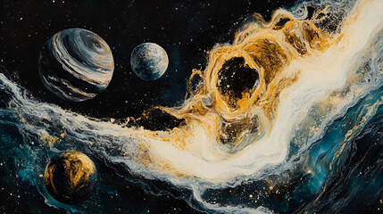 Wall Mural - Space art with three planets goldwhite nebula starry background