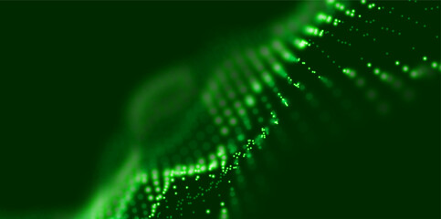 Wall Mural - wave of green particles. abstract technology flow background. sound mesh pattern or grid landscape. 