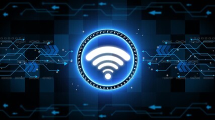 Abstract representation of digital connectivity symbol on a circuitry background with blue hues, showcasing modern technology and wireless communication.