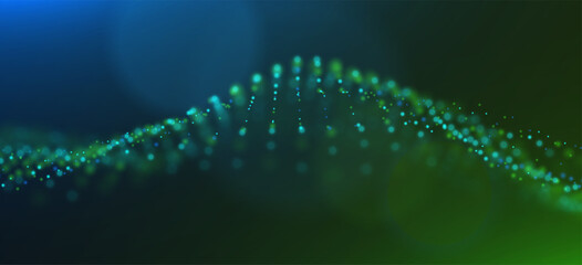 Wall Mural - wave of blue and green particles. abstract technology flow background. sound mesh pattern or grid la