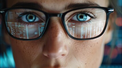 Close up of a programmer working her computer code reflecting in focus glasses, showcasing her with and expertise in software development video 4k