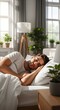 © narumiaegis - Young handsome man peacefully sleeping in a comfortable white bed in the morning, enjoying a restful sleep in a bright, sunlit modern bedroom with natural light