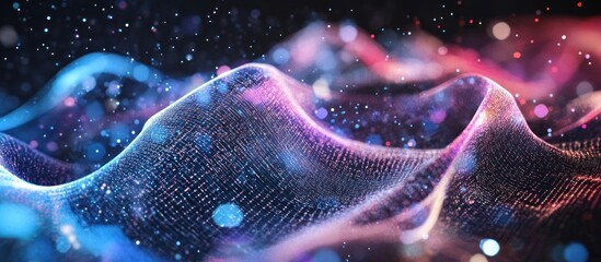 Wall Mural - Abstract Wavy Digital Landscape with Colorful Lights and Glittering Particles