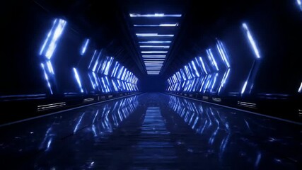 Wall Mural - Futuristic Blue Neon Tunnel Interior with Reflective Floor.