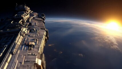 Wall Mural - Space Station Orbiting Earth with Sunrise Horizon.