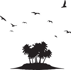 black silhouette of palm trees and flying birds island