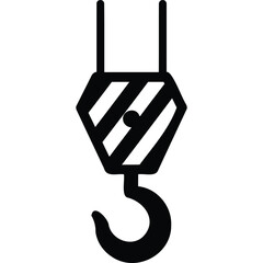 A black and white illustration of a crane hook with striped pattern hanging from a vertical support line silhouette