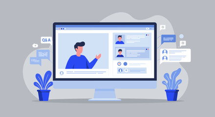 Wall Mural - virtual meeting concept with online presentation on desktop screen