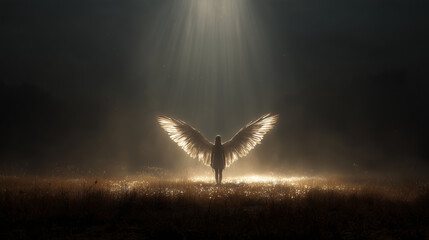 Wall Mural - A majestic angel with outstretched wings standing in a glowing field of light