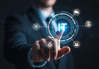 Businessman touching it icon on futuristic digital interface