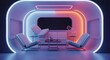 © AhmadMunif - A futuristic room with levitating furniture in zero gravity, illuminated by vibrant blue and orange neon lights.