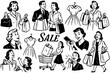 © SenorPinky - Retro shopping scene with happy customers, store, sale signs, and shopping bags, Transparent Background