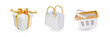 © lightgirl - Shopping promotion white luxury, 3d render vector icon set white and gold color. Gift, bag, gift box, plastic shopping cart