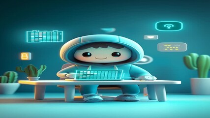 Cute cartoon coder working on laptop with neon icons, perfect for tech startups and development teams
