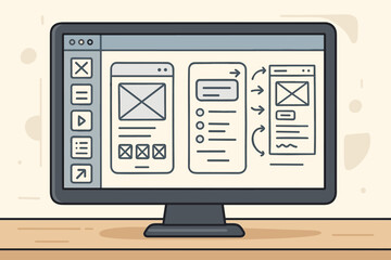 Web application prototyping computer screen UX UI design wireframe development interface software vector illustration mockup website design process technology