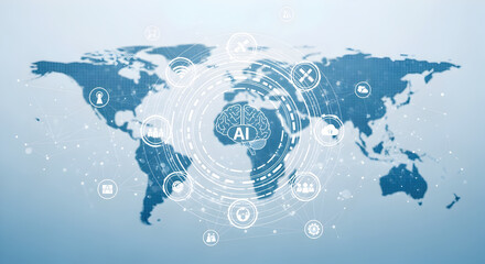Wall Mural - abstract world map network with digital connectivity symbols on light blue gradient background
