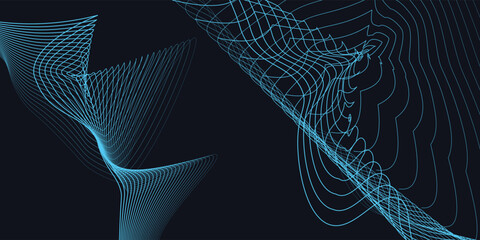 A dynamic and abstract digital design with flowing blue waveforms against a dark background,smooth, curving lines and dotted patterns that create a sense of movement and energy.