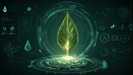 Wall Mural - futuristic leaf surrounded by glowing tech interface