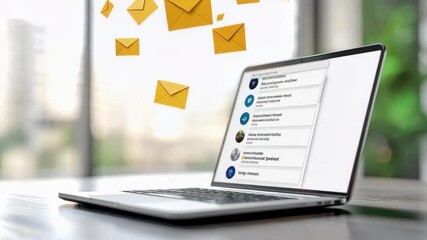 Email communication technology with laptop and flying envelope message icons bright office environment for effective office