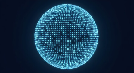 Wall Mural - glowing blue spherical digital globe composed of small squares in dark background represents modern 