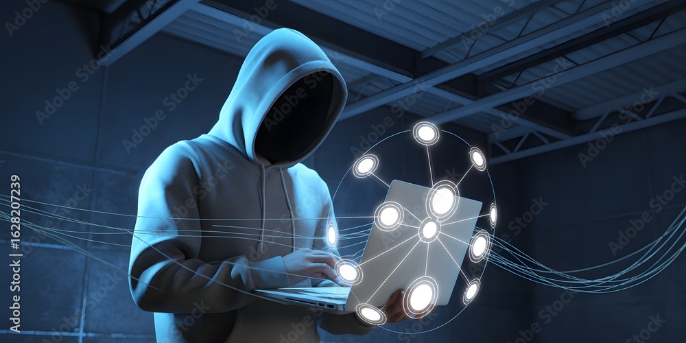 Cyber Intrusion: A hooded figure, shrouded in anonymity, intensely ...