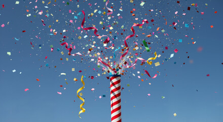 Confetti cannon exploding with colorful paper pieces against blue sky. Party celebration for festive events and joyful occasions