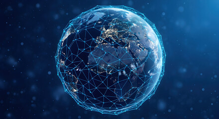 Wall Mural - illuminated digital earth globe with blue light network of global connections on dark background
