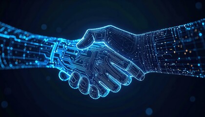 An abstract digital handshake represents a technological agreement between partners in a futuristic and innovative business collaboration environment design.
