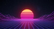 © Moustafa - Retro synthwave 80s neon grid with glowing horizon and starry night sky