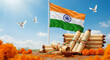 © AswarAdobeStock - Indian flag waving proudly, ancient scrolls and marigolds symbolize Indian heritage and culture.