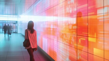Wall Mural - This footage captures a woman navigating a vibrant environment. The dynamic lights evoke a sense of wonder and innovation. Perfect for tech and art projects. Generative AI