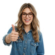 © rizaldesign - Enthusiastic young woman with glasses giving thumbs up gesture and smiling happily, isolated transparent background.