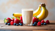 © Moshiur - Creamy Smoothie with Banana, Raspberry, and Blueberry on a Wooden Board.
