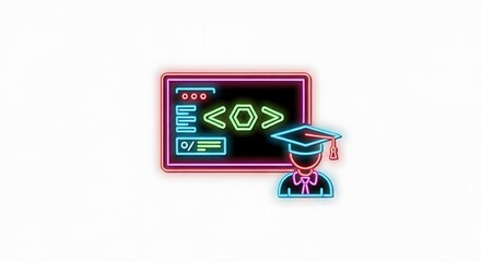 A neon sign showing code on a screen and a graduate with a cap on a white isolated background