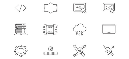 Modern black and white technology icons representing software development and data