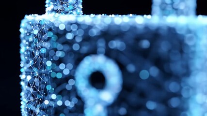Abstract digital padlock glows, network bokeh background. Cybersecurity concept