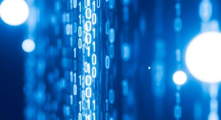 Abstract blue background with streams of falling binary code and glowing lights. Concept of data, information technology, computer science, and the digital world.